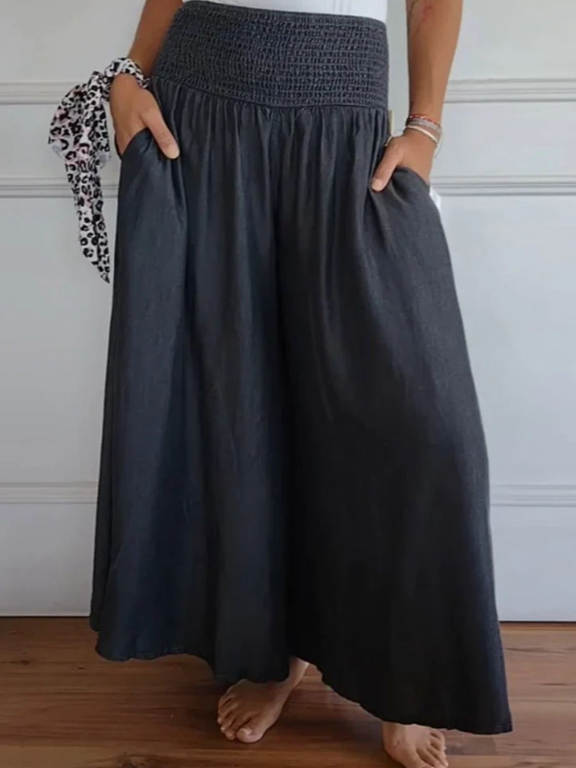 Full Size Smocked Wide Leg Pants with Pockets - Charming Charlie