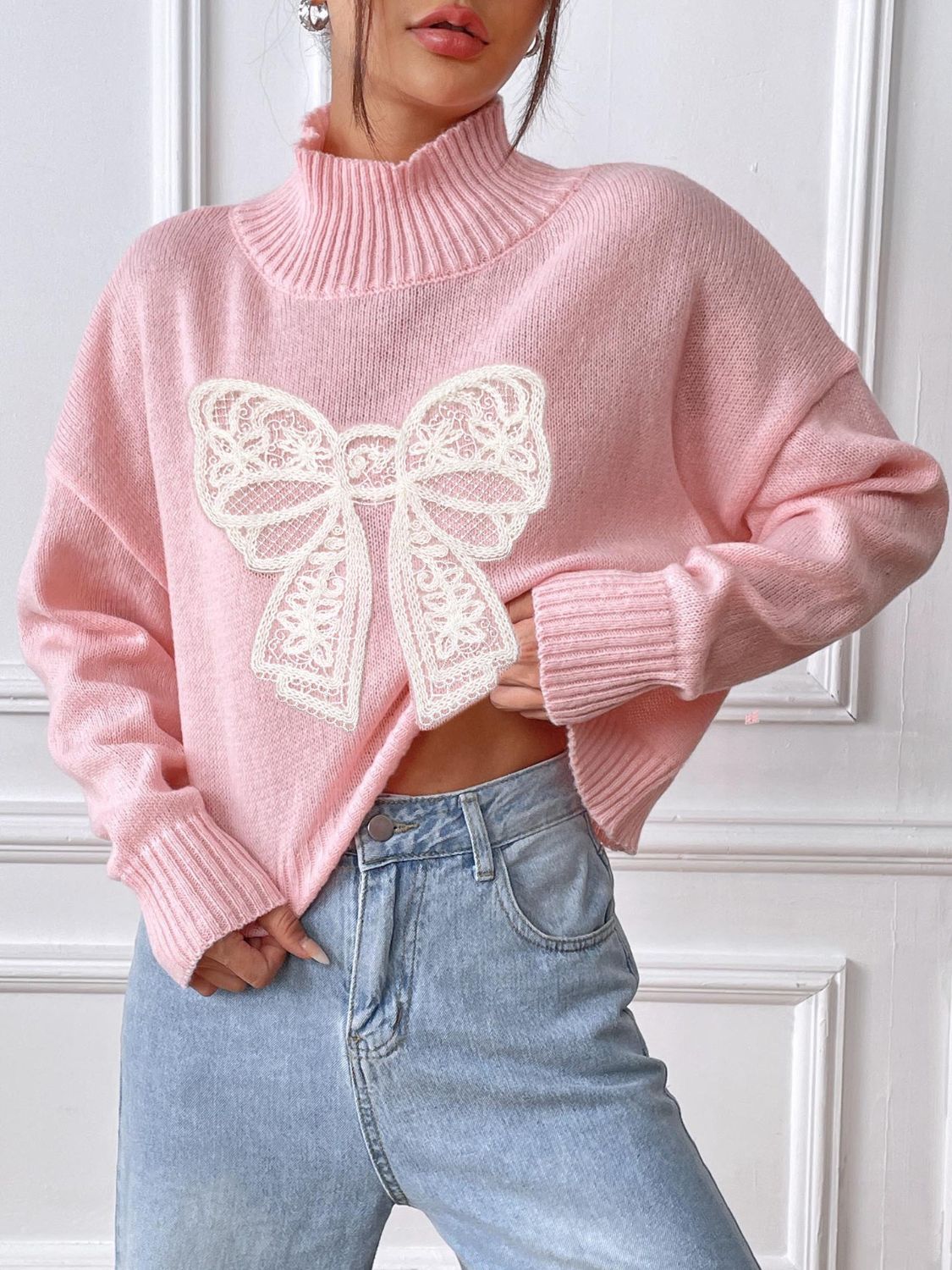 Bow Turtleneck Long Sleeve Sweater - Charming Charlie