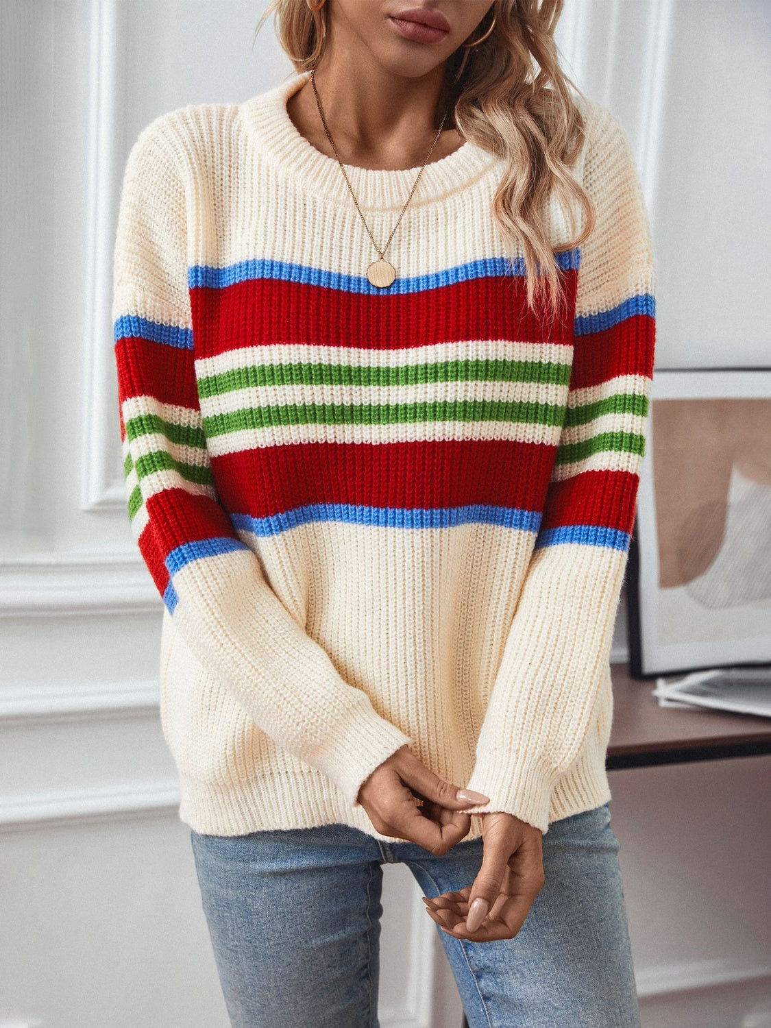 Contrast Stripes Round Neck Long Sleeve Sweater - Charming Charlie