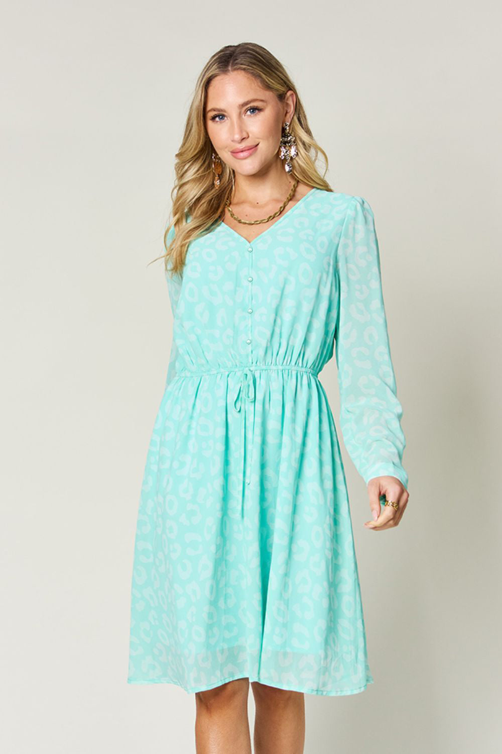Double Take Full Size Printed Ruched V-Neck Long Sleeve Dress - Charming Charlie