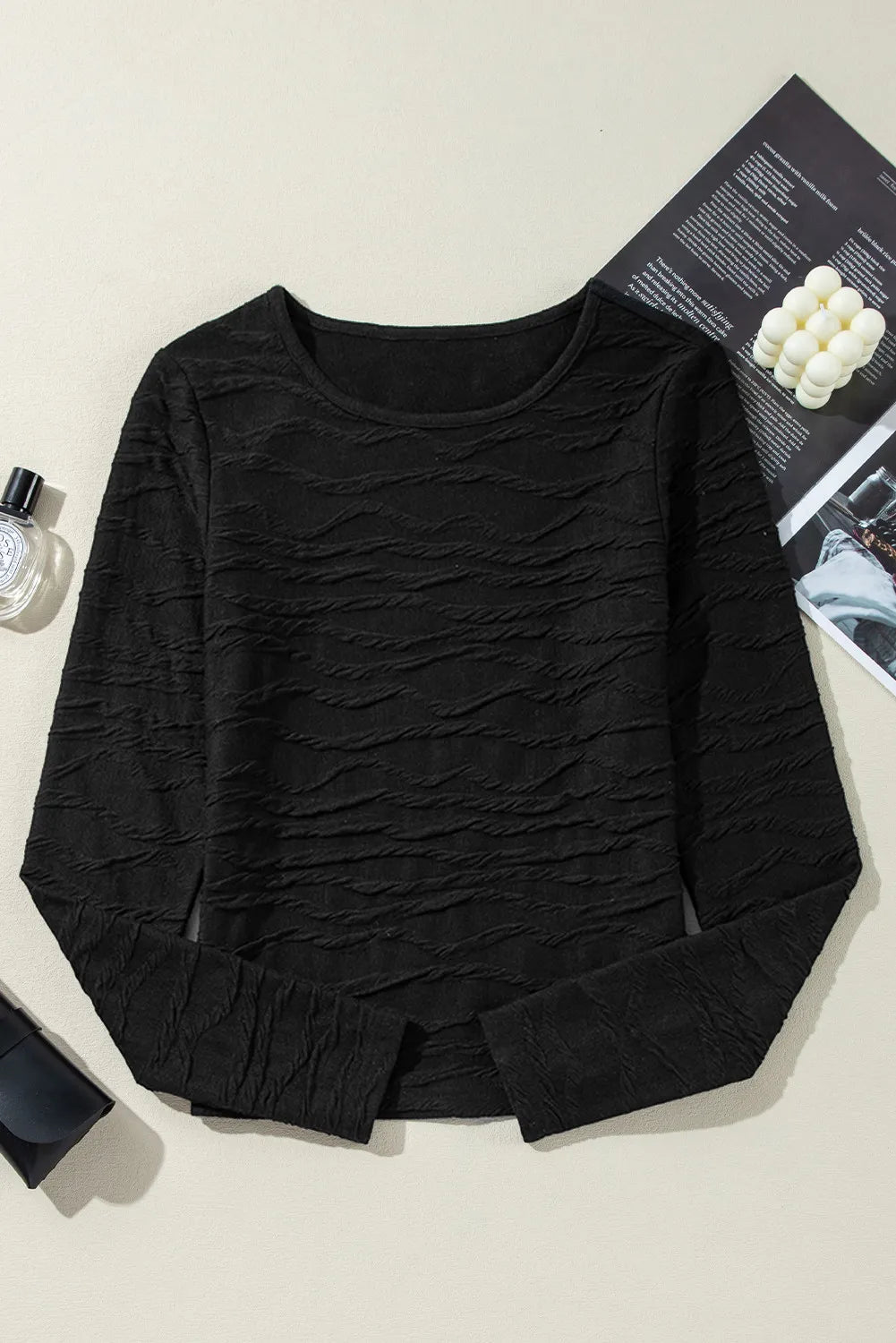 Textured Round Neck Long Sleeve Blouse - Charming Charlie
