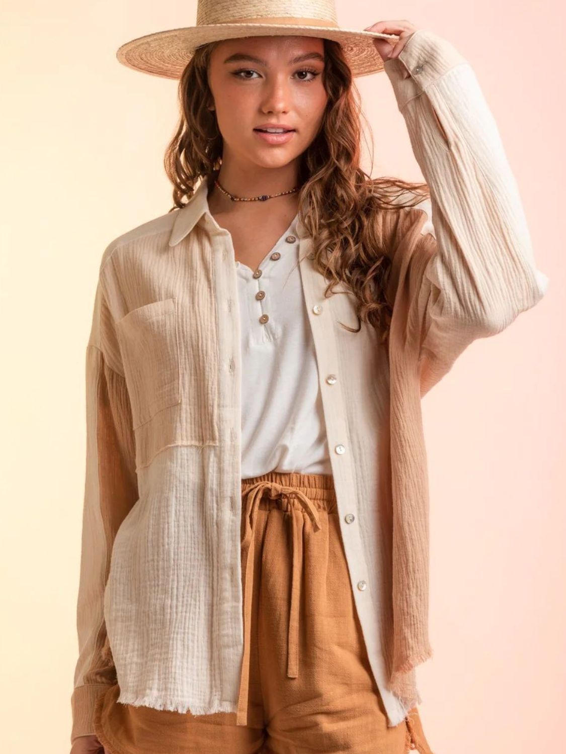 Contrast Button Up Long Sleeve Shirt - Charming Charlie