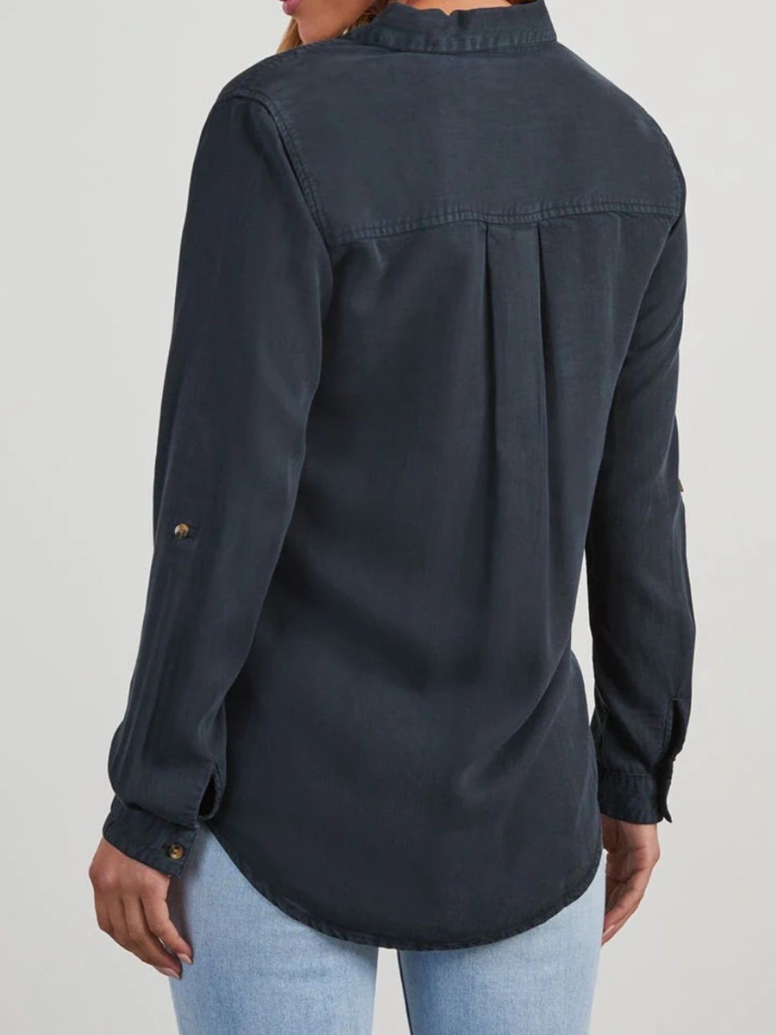 Collared Neck Roll-Tab Sleeve Denim Top - Charming Charlie