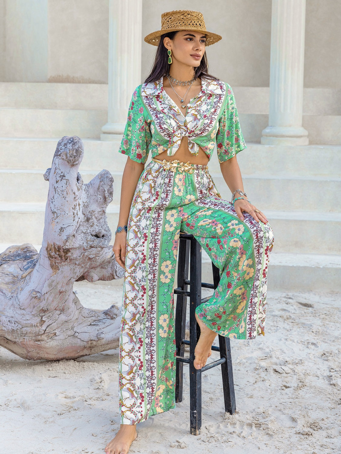 Printed Half Sleeve Top and Wide Leg Pants Set - Charming Charlie