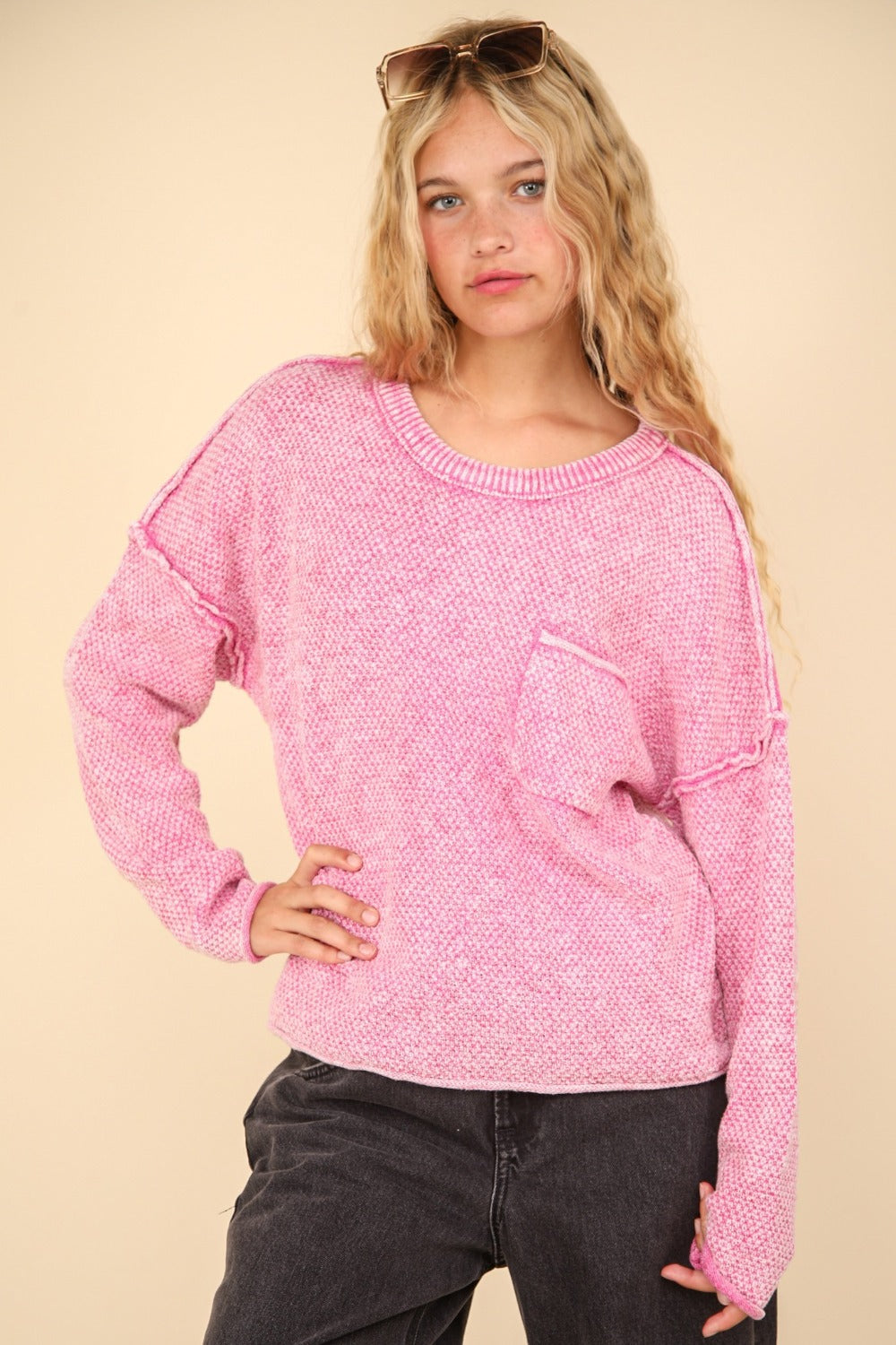 VERY J Mineral Washed Exposed Seam Sweater - Charming Charlie