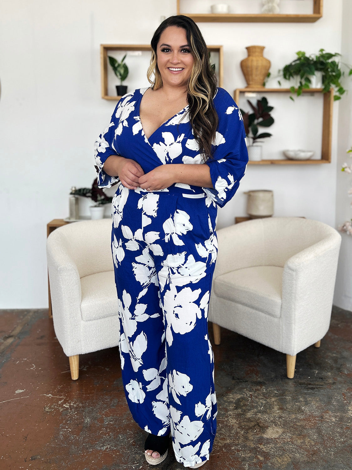 Double Take Full Size Printed Tie Back Wide Leg Jumpsuit - Charming Charlie