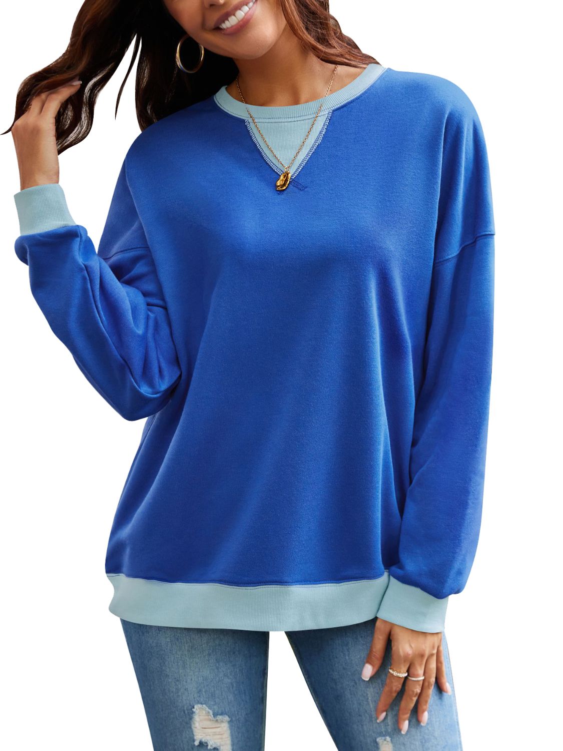 Contrast Round Neck Long Sleeve Sweatshirt - Charming Charlie