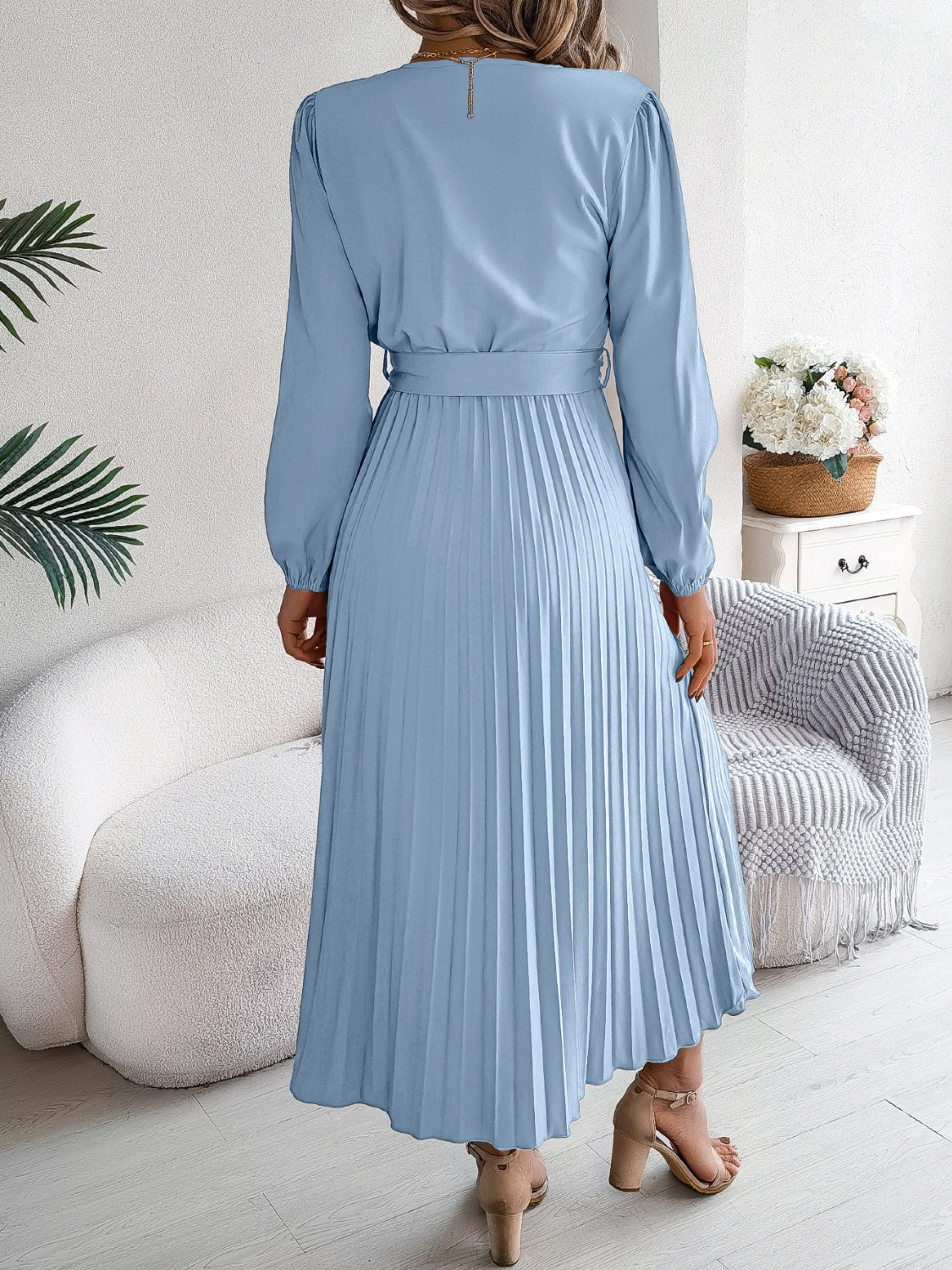Pleated Tied V-Neck Long Sleeve Dress - Charming Charlie