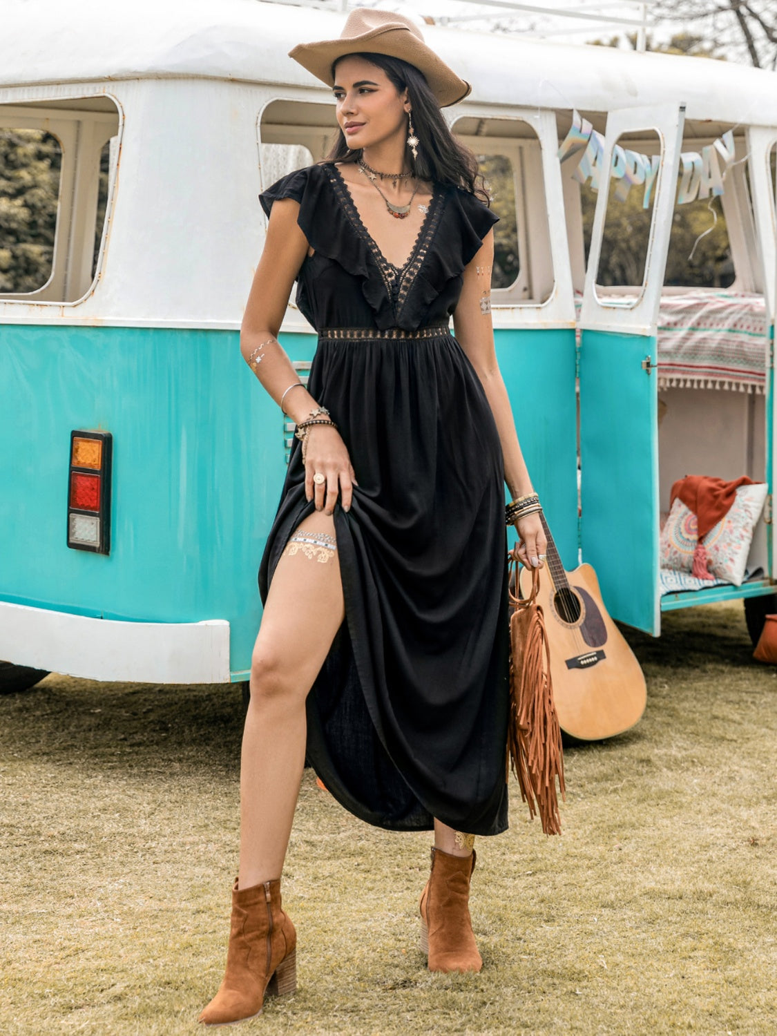Lace Detail Plunge Cap Sleeve Midi Dress - Charming Charlie