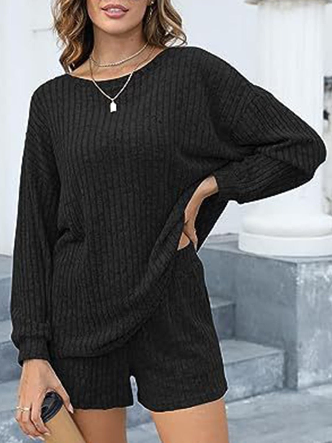 Round Neck Dropped Shoulder Top and Shorts Set - Charming Charlie