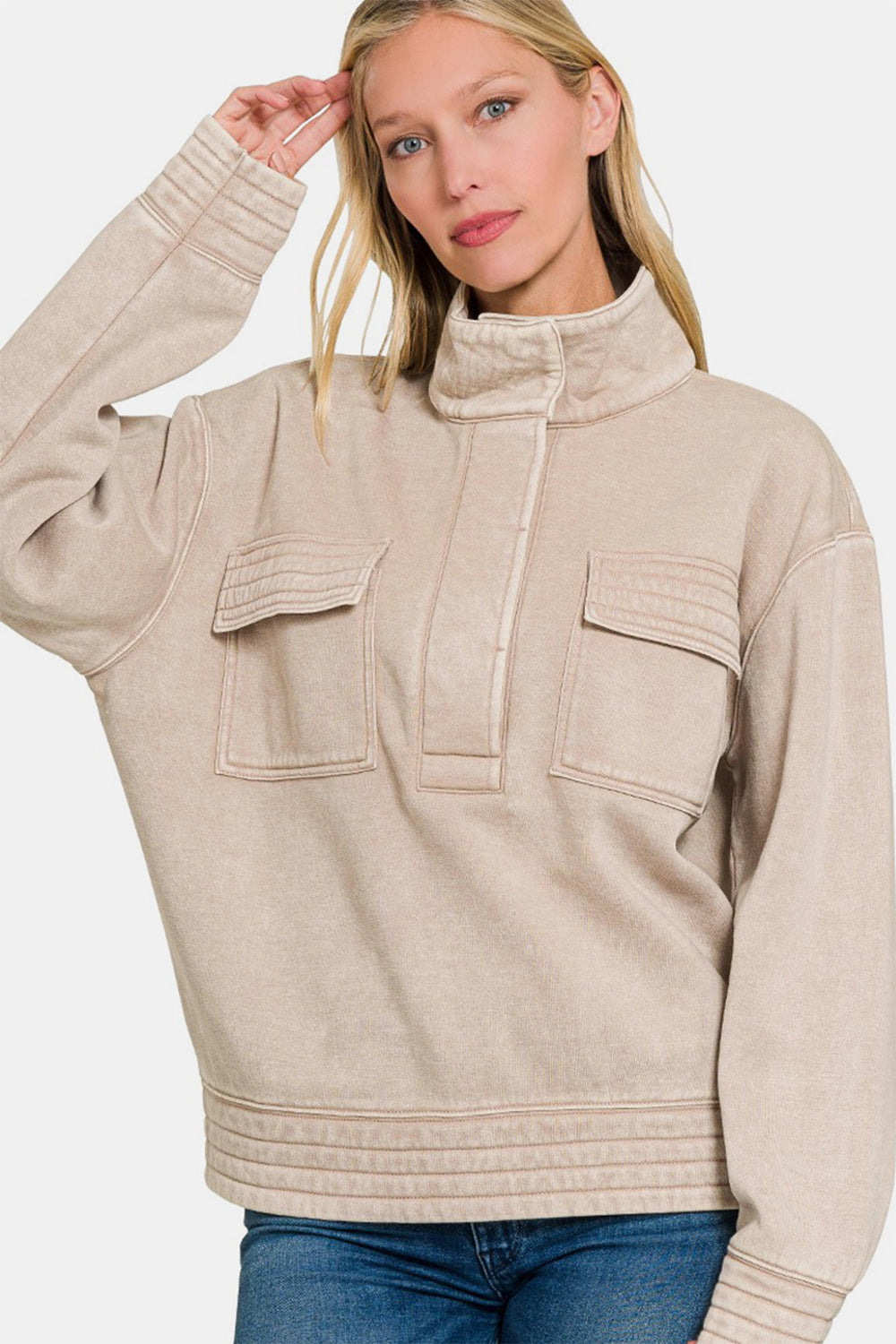Zenana Acid Washed Half Snap Fleece Sweatshirt - Charming Charlie