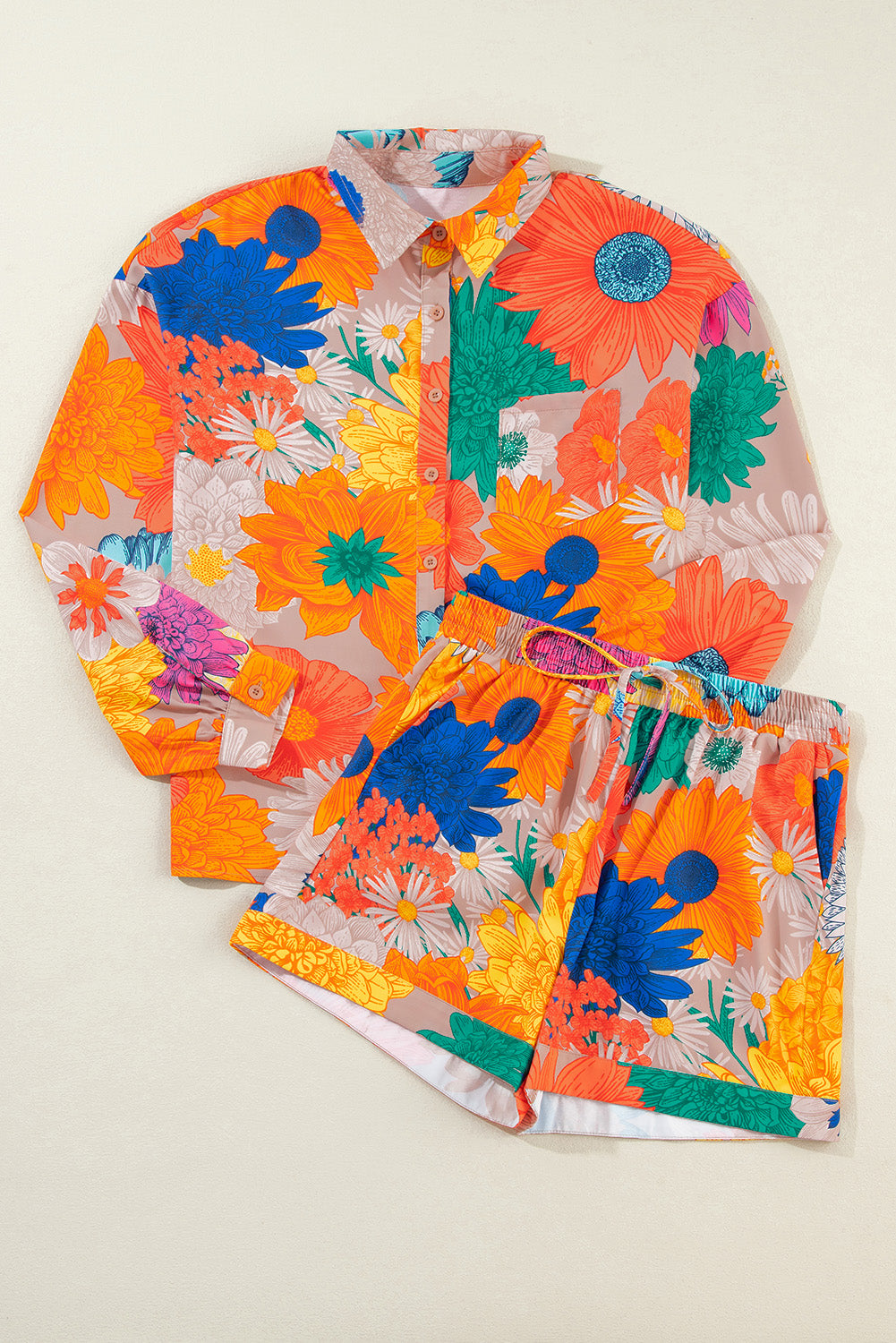 Printed Button Up Long Sleeve Top and Shorts Set - Charming Charlie
