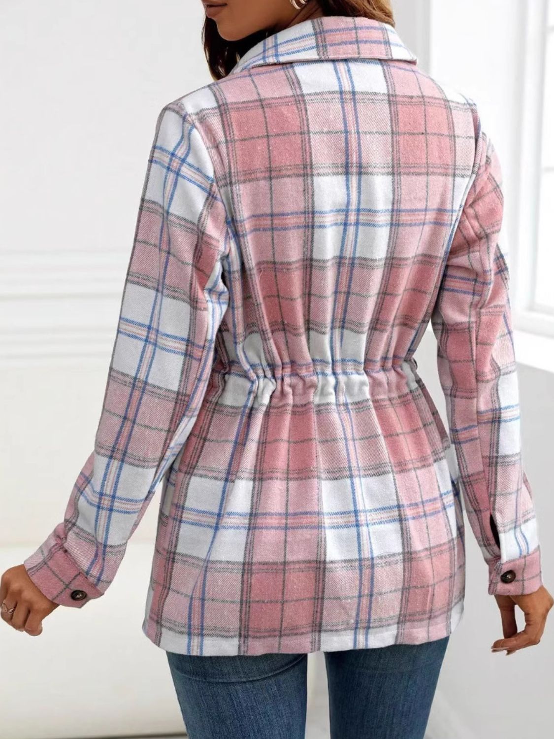 Drawstring Plaid Button Up Jacket with Chest Pockets - Charming Charlie