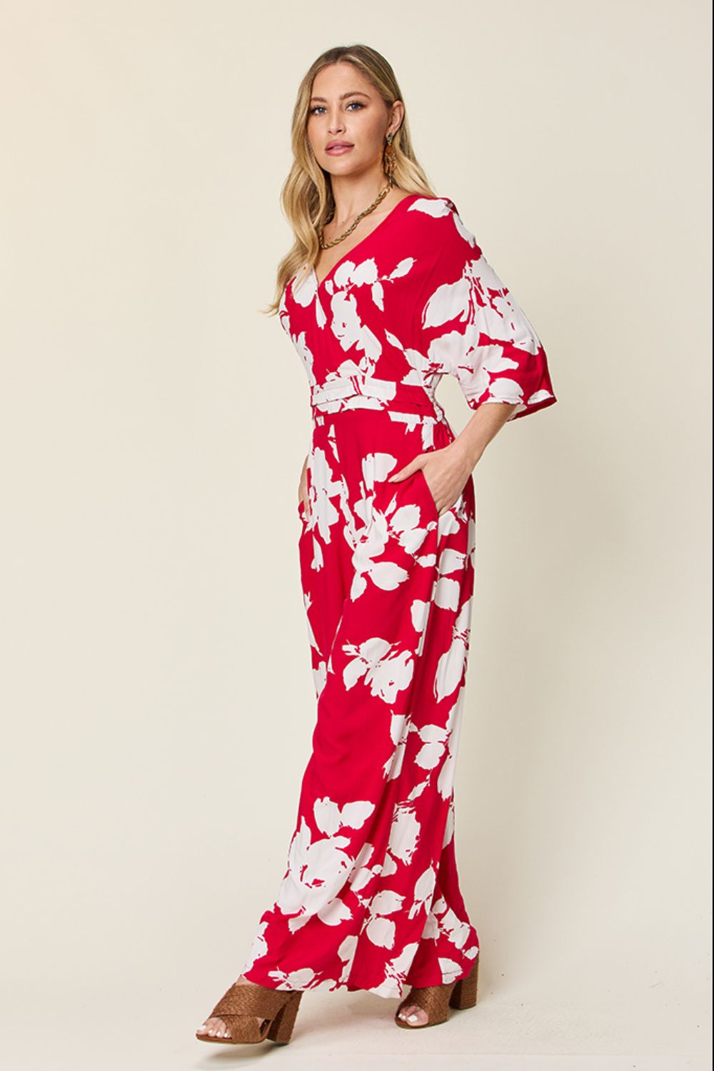 Double Take Full Size Printed Tie Back Wide Leg Jumpsuit - Charming Charlie