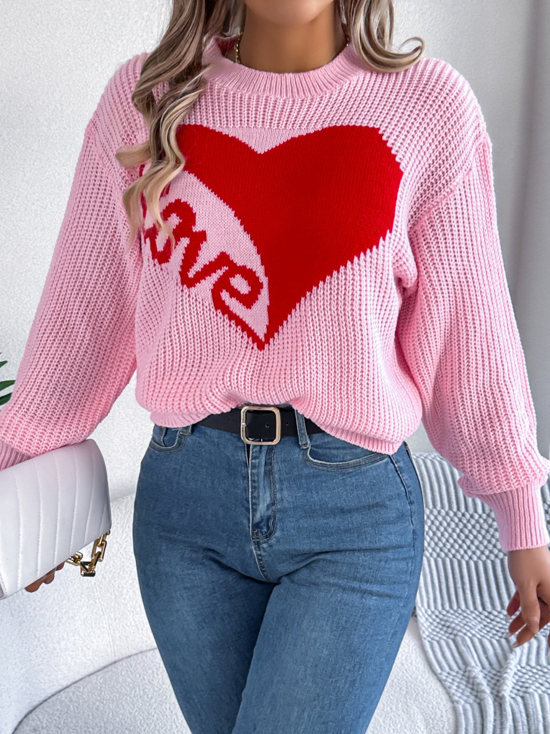 LOVE Heart Round Neck Dropped Shoulder Sweater - Charming Charlie