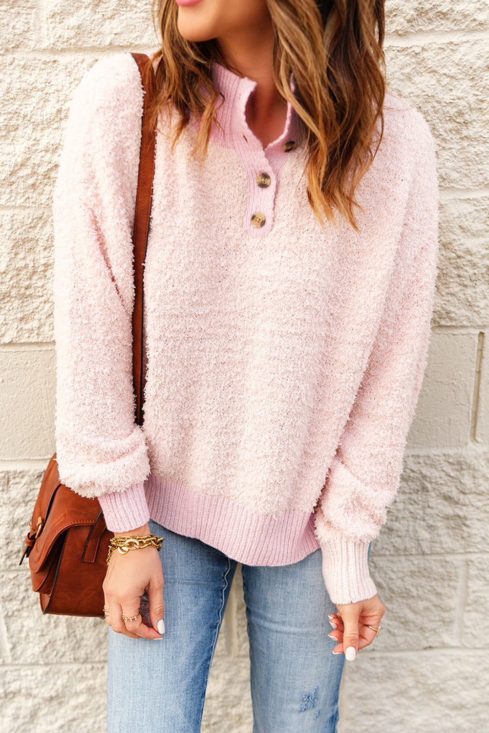 Button Detail Mock Neck Long Sleeve Sweater - Charming Charlie