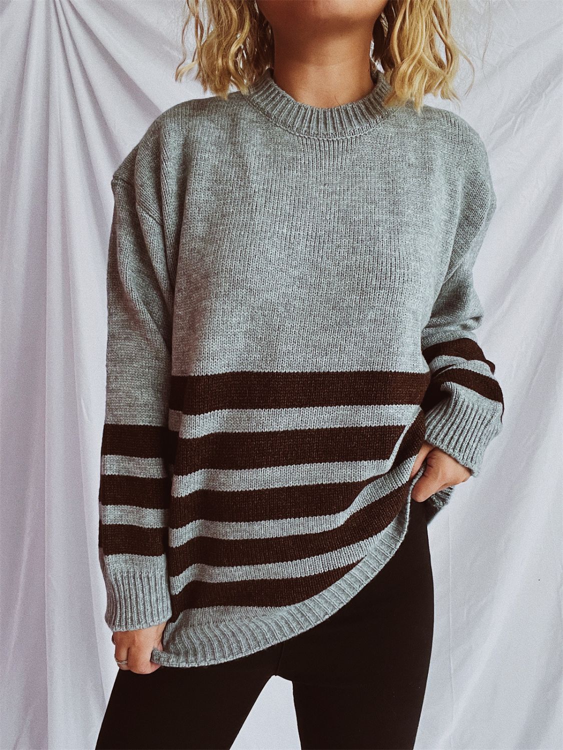 Striped Dropped Shoulder Long Sleeve Sweater - Charming Charlie