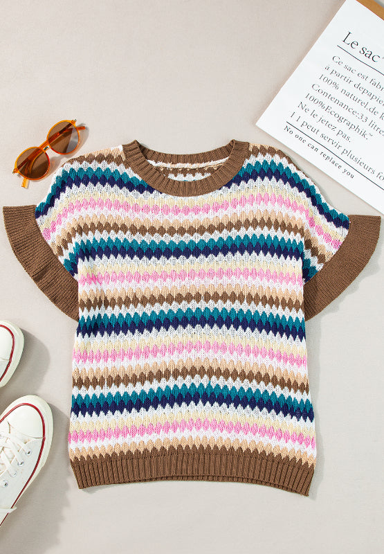 Contrast Round Neck Short Sleeve Sweater - Charming Charlie