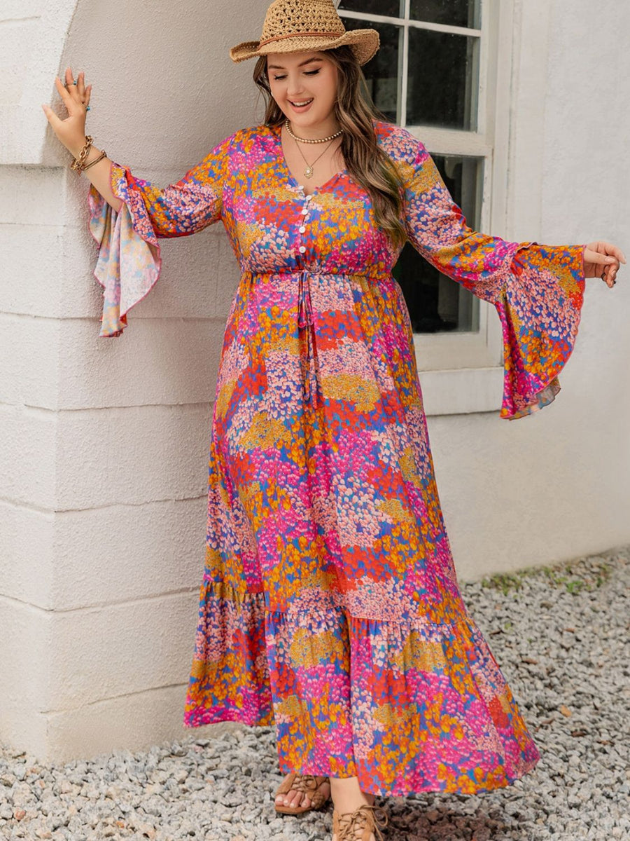 Plus Size Floral Print V-Neck Long Sleeve Maxi Dress main image 0