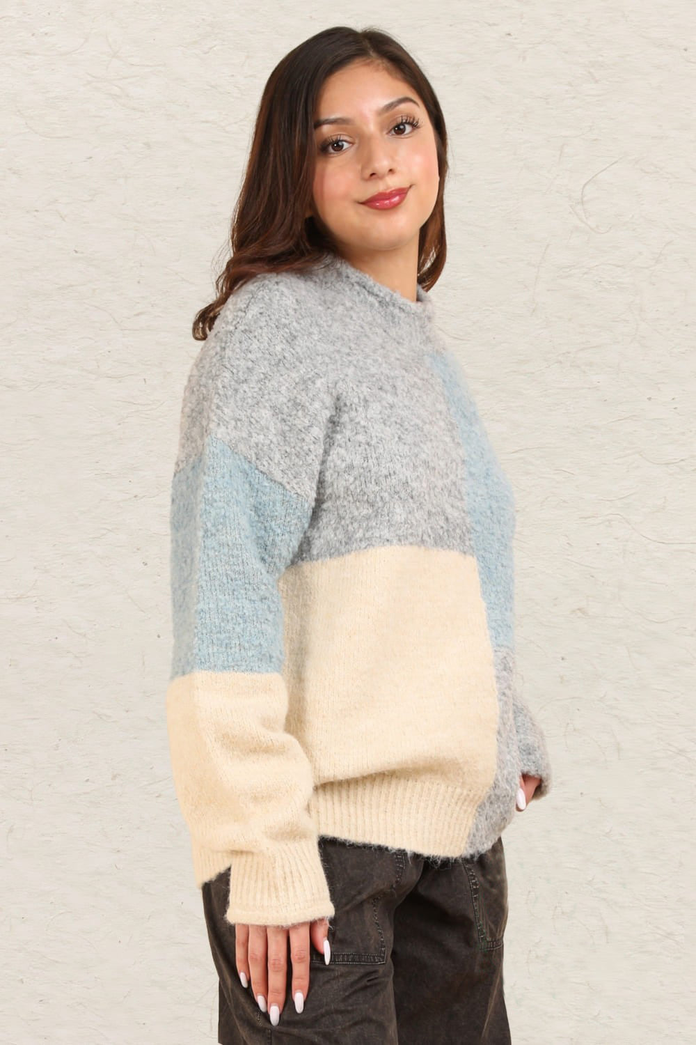 VERY J Color Block Mock Neck Drop Shoulder Sweater - Charming Charlie