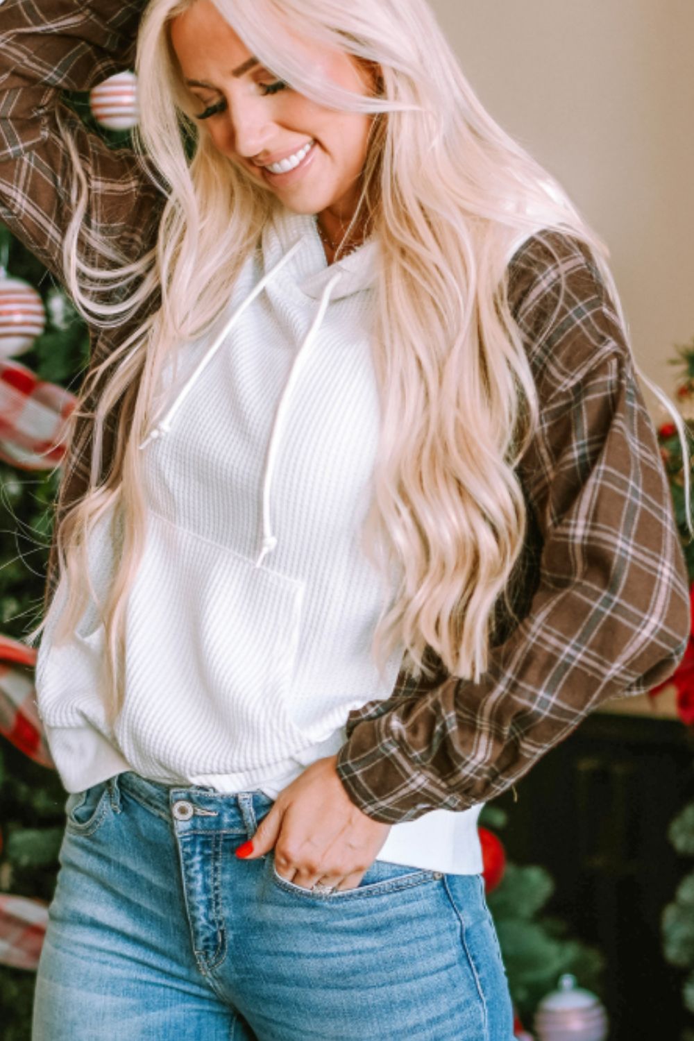 Waffle Knit Plaid Long Sleeve Kangaroo Pocket Hoodie - Charming Charlie