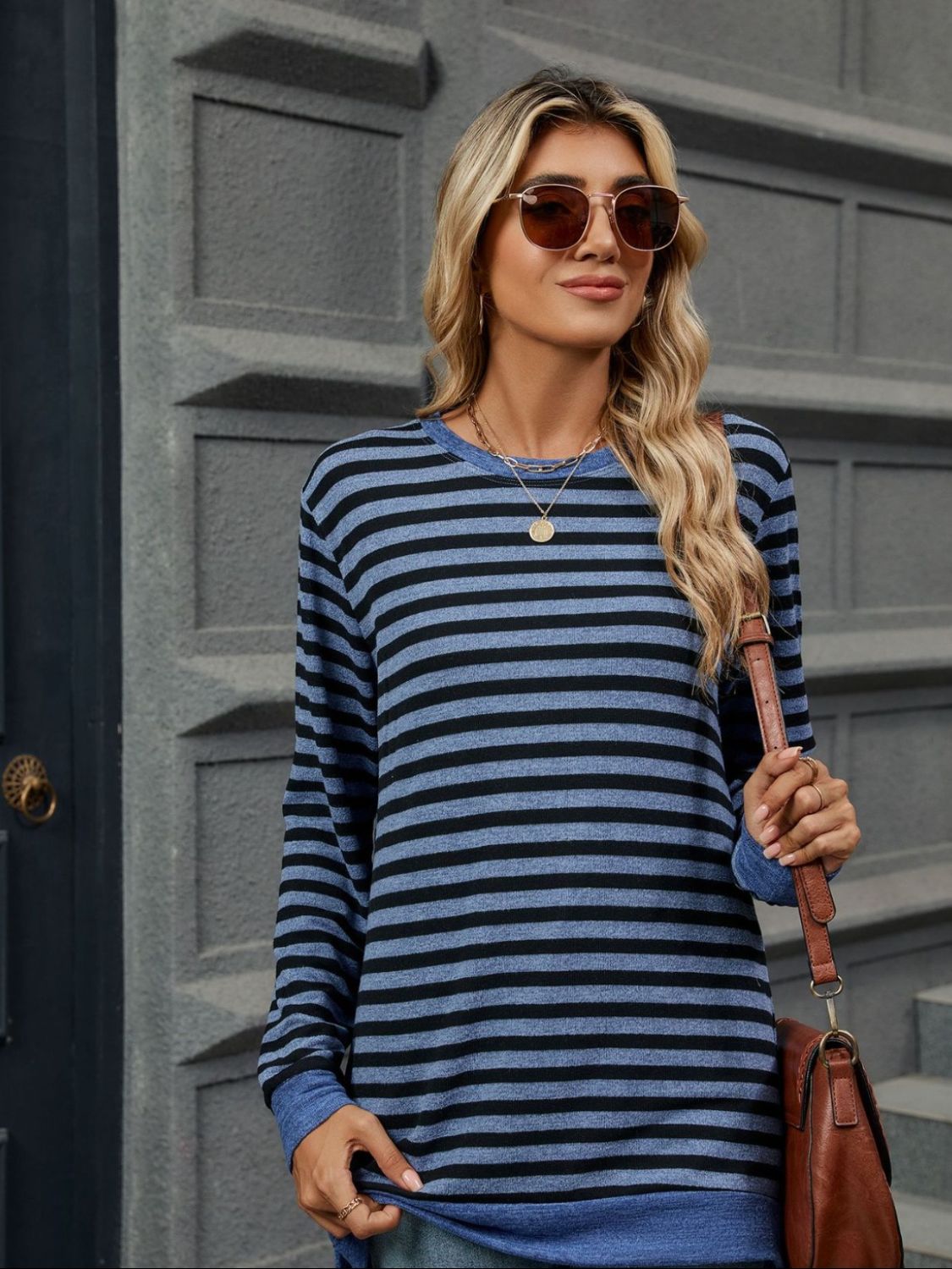 Striped Round Neck Long Sleeve T-Shirt - Charming Charlie
