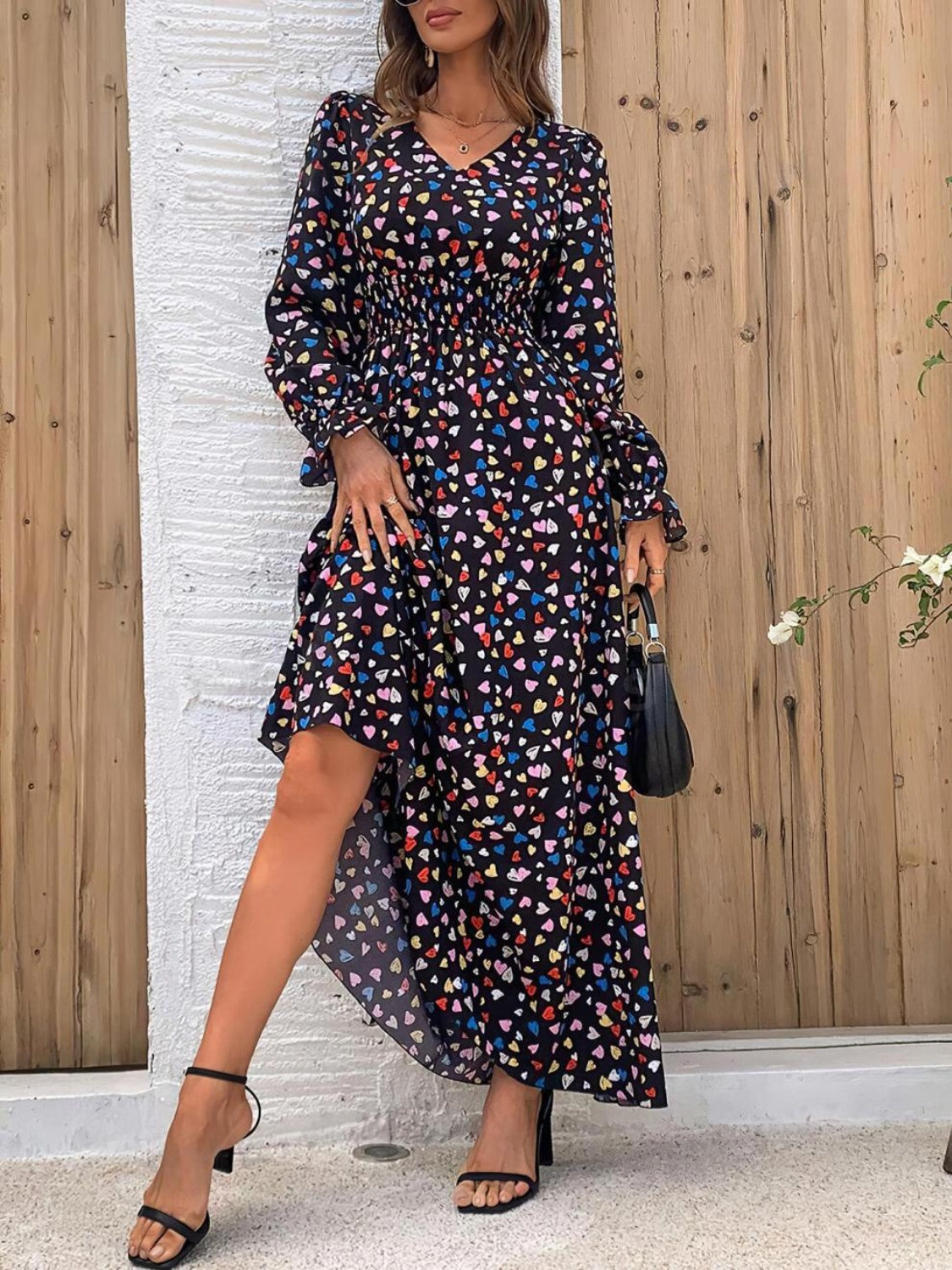 Smocked Printed V-Neck Flounce Sleeve Dress - Charming Charlie