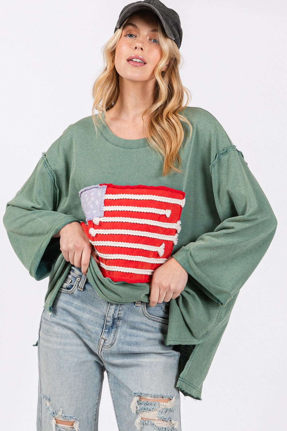 SAGE + FIG Full Size American Flag Patch Drop Shoulder T-Shirt - Charming Charlie