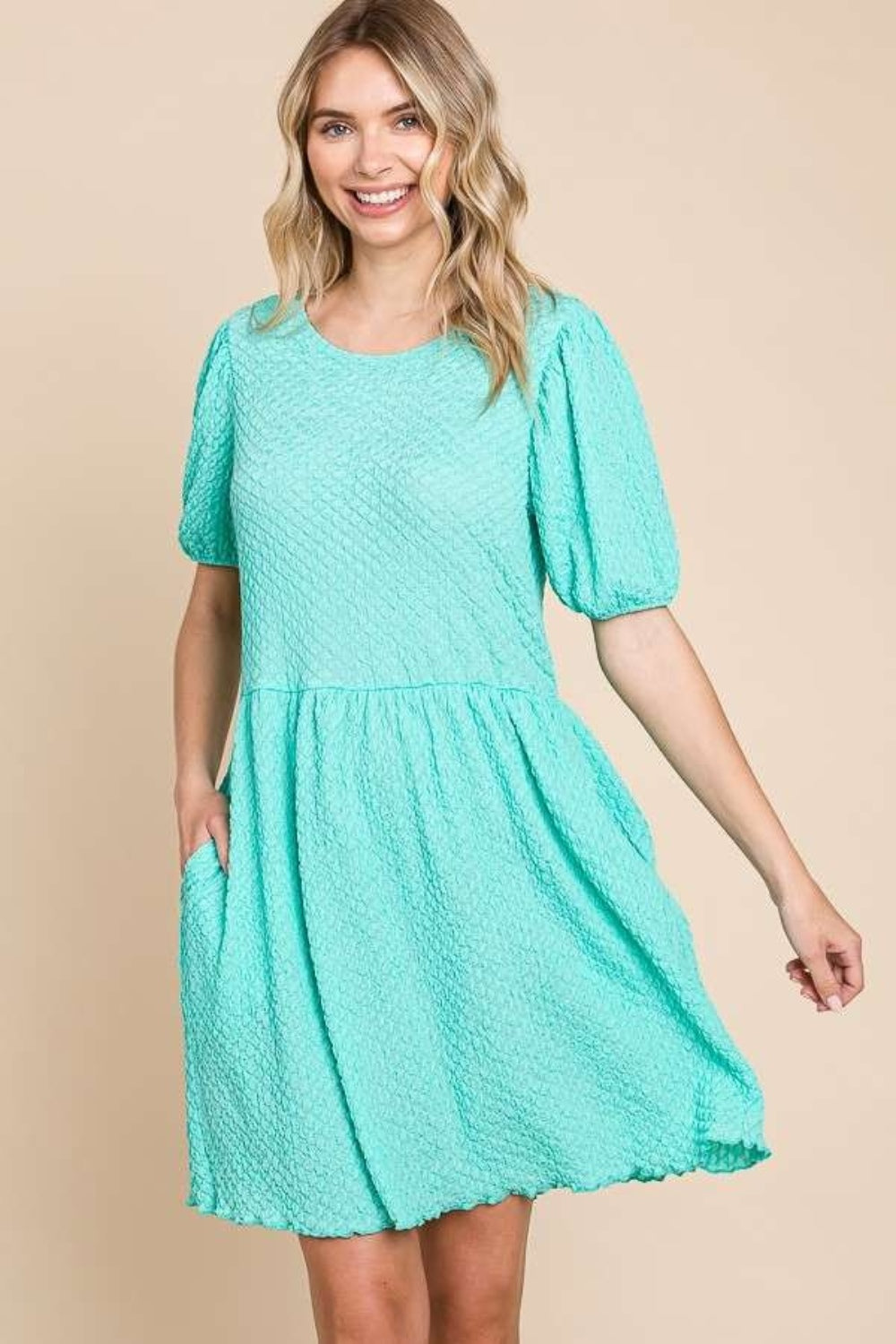 Culture Code Full Size Textured Round Neck Puff Sleeve Dress - Charming Charlie