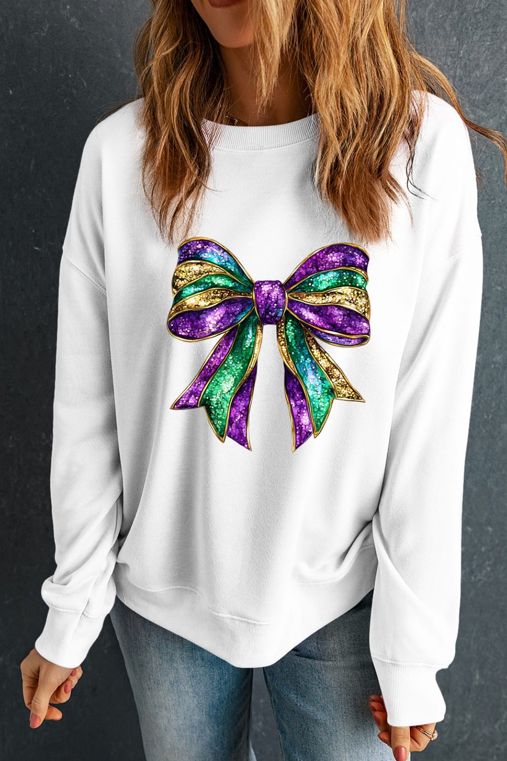 Bow Round Neck Long Sleeve Sweatshirt - Charming Charlie