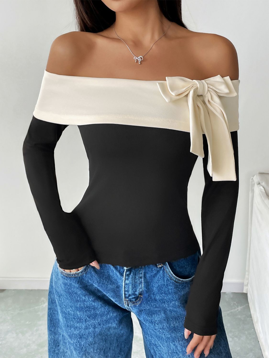 Perfee Bow Contrast Off-Shoulder Long Sleeve Top - Charming Charlie