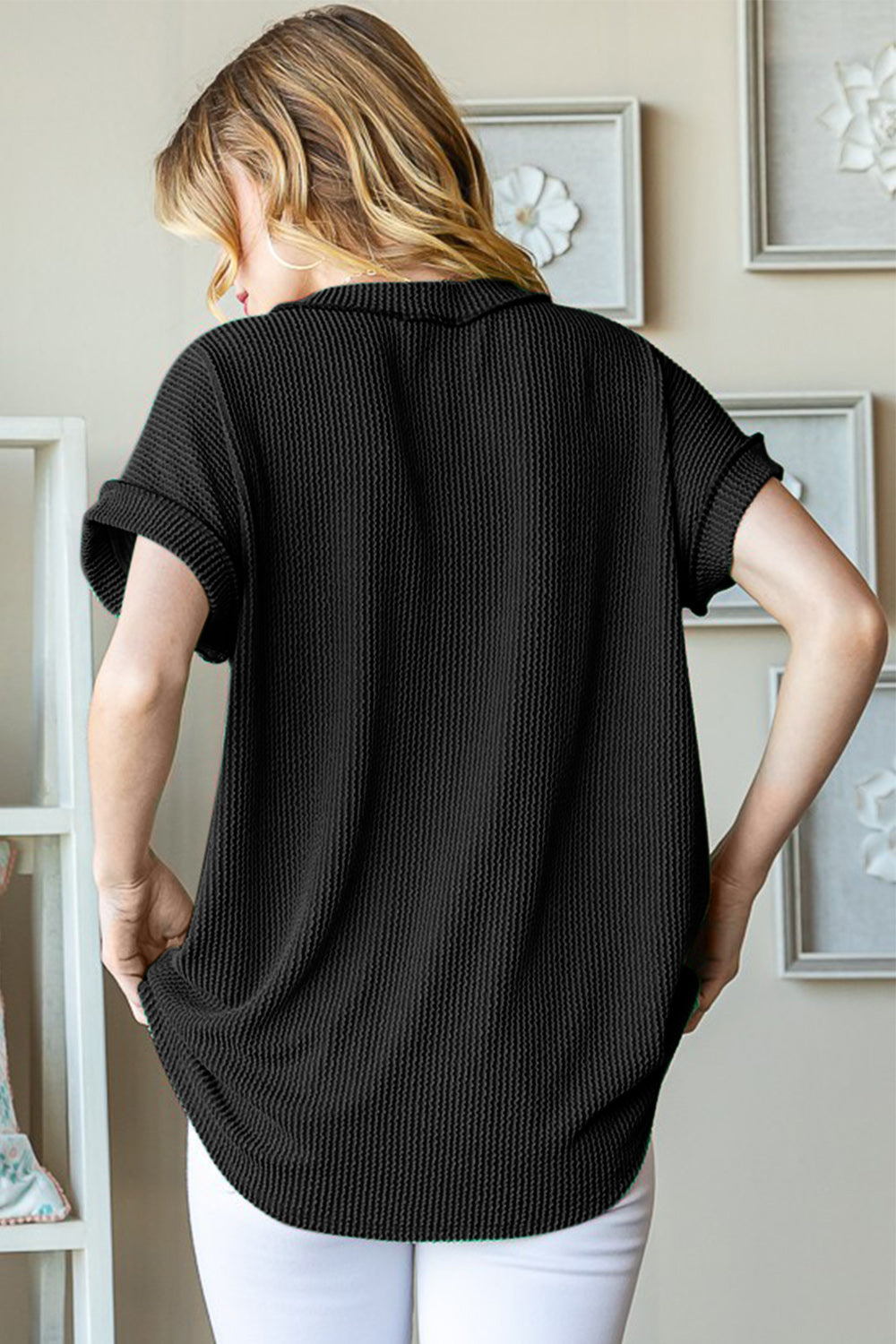Heimish Full Size Front Pocket Short Sleeve Ribbed Top - Charming Charlie