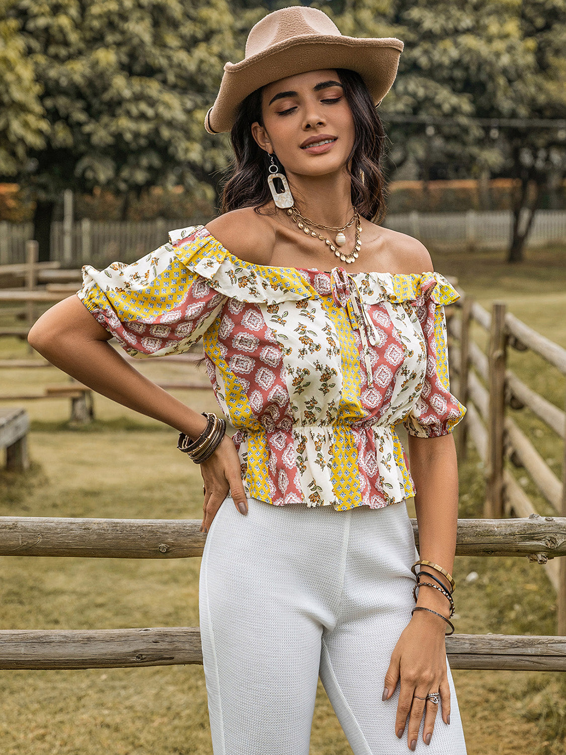 Ruffled Printed Off-Shoulder Short Sleeve Blouse - Charming Charlie