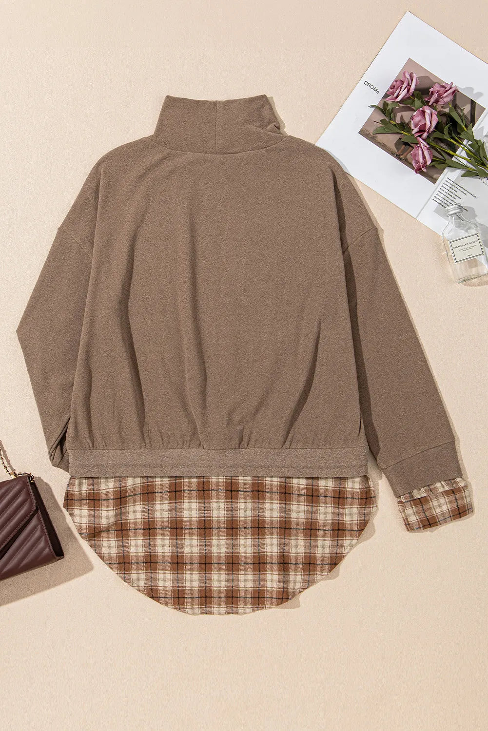 Drawstring Plaid Turtleneck Long Sleeve Top - Charming Charlie