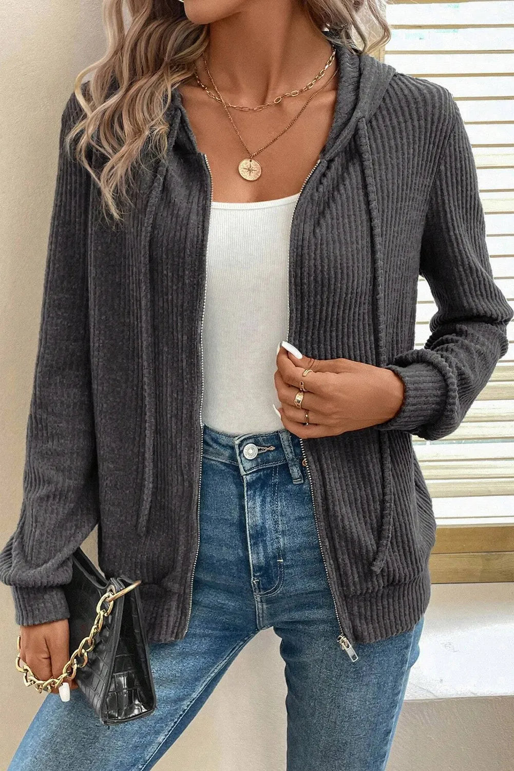 Drawstring Zip Up Long Sleeve Hooded Jacket - Charming Charlie
