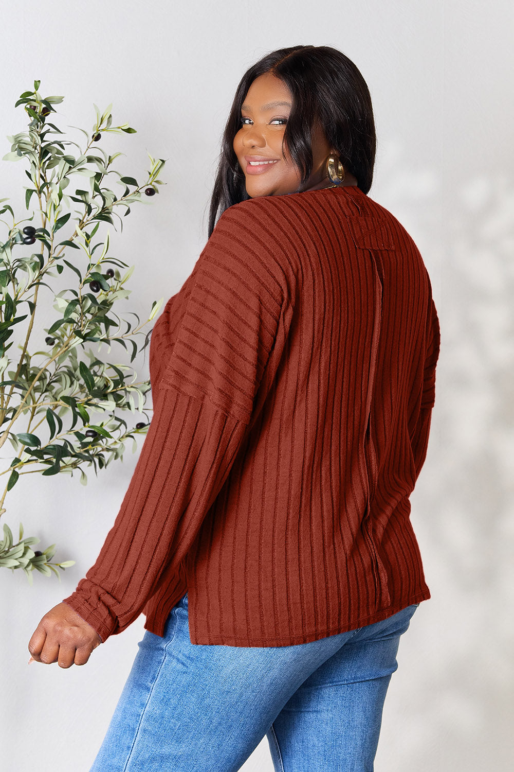 Basic Bae Full Size Ribbed Round Neck Slit Knit Top - Charming Charlie