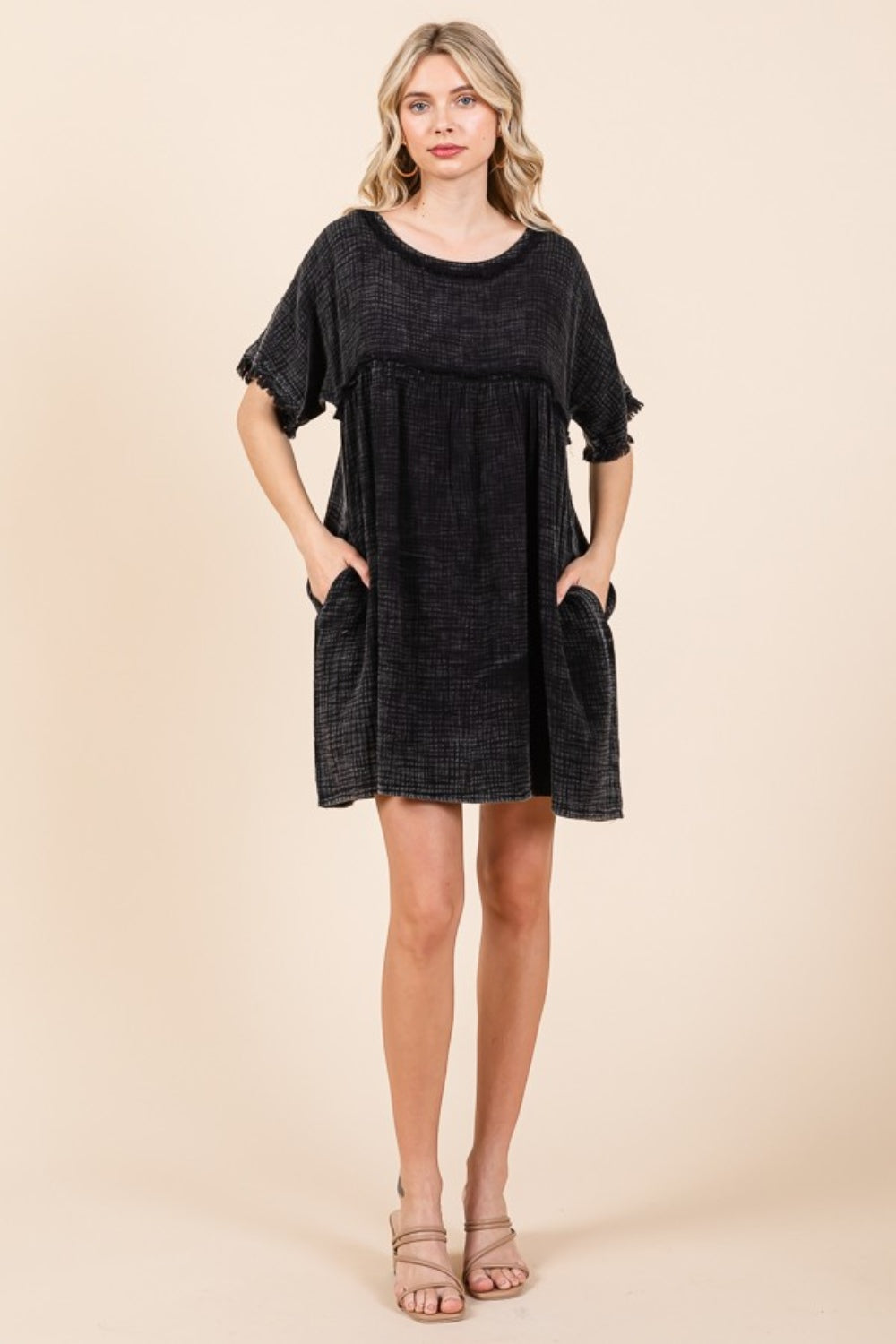 Culture Code Full Size Short Sleeve Babydoll Texture Dress with Pockets - Charming Charlie