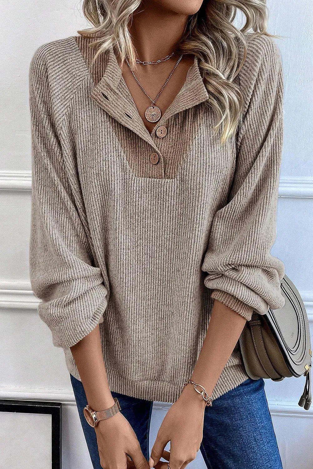 Quarter Buttoned Long Sleeve Blouse - Charming Charlie
