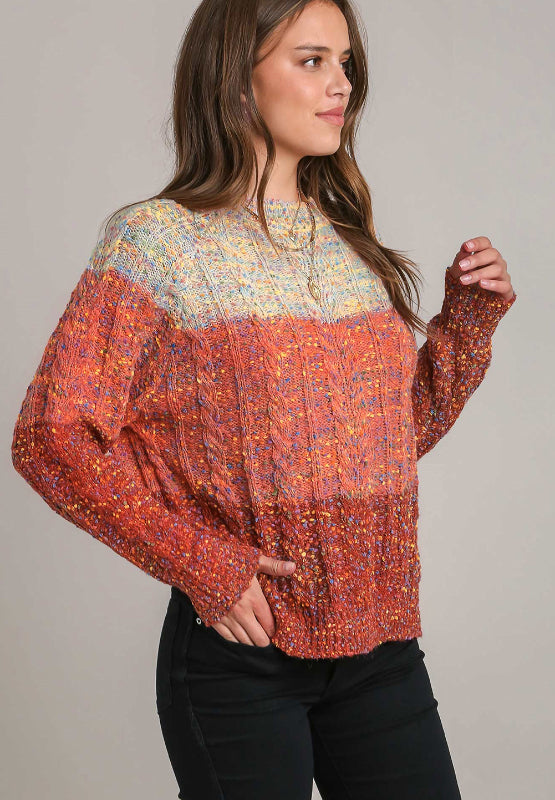 Cable-Knit Color Block Round Neck Long Sleeve Sweater - Charming Charlie