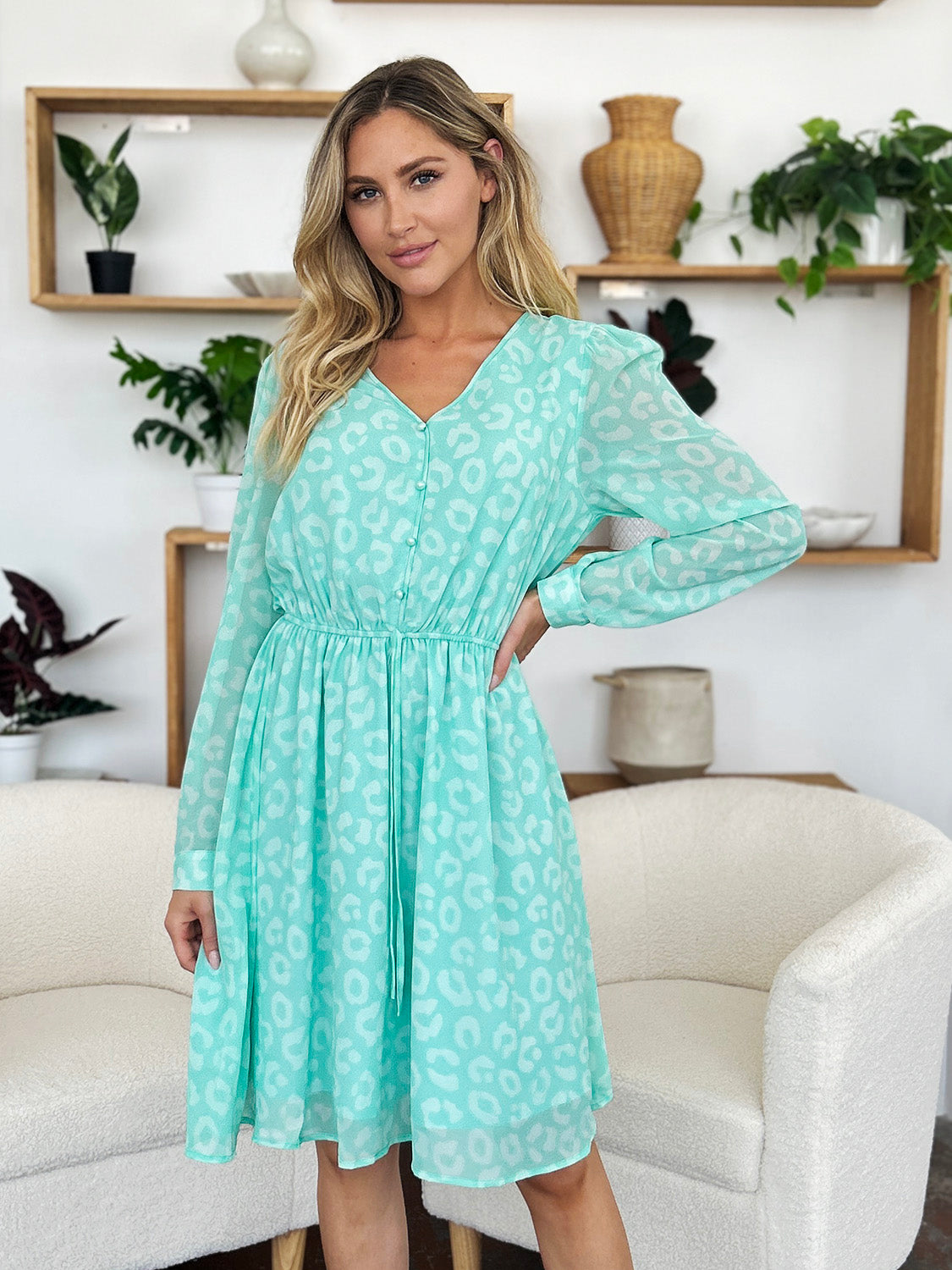 Double Take Full Size Printed Ruched V-Neck Long Sleeve Dress - Charming Charlie