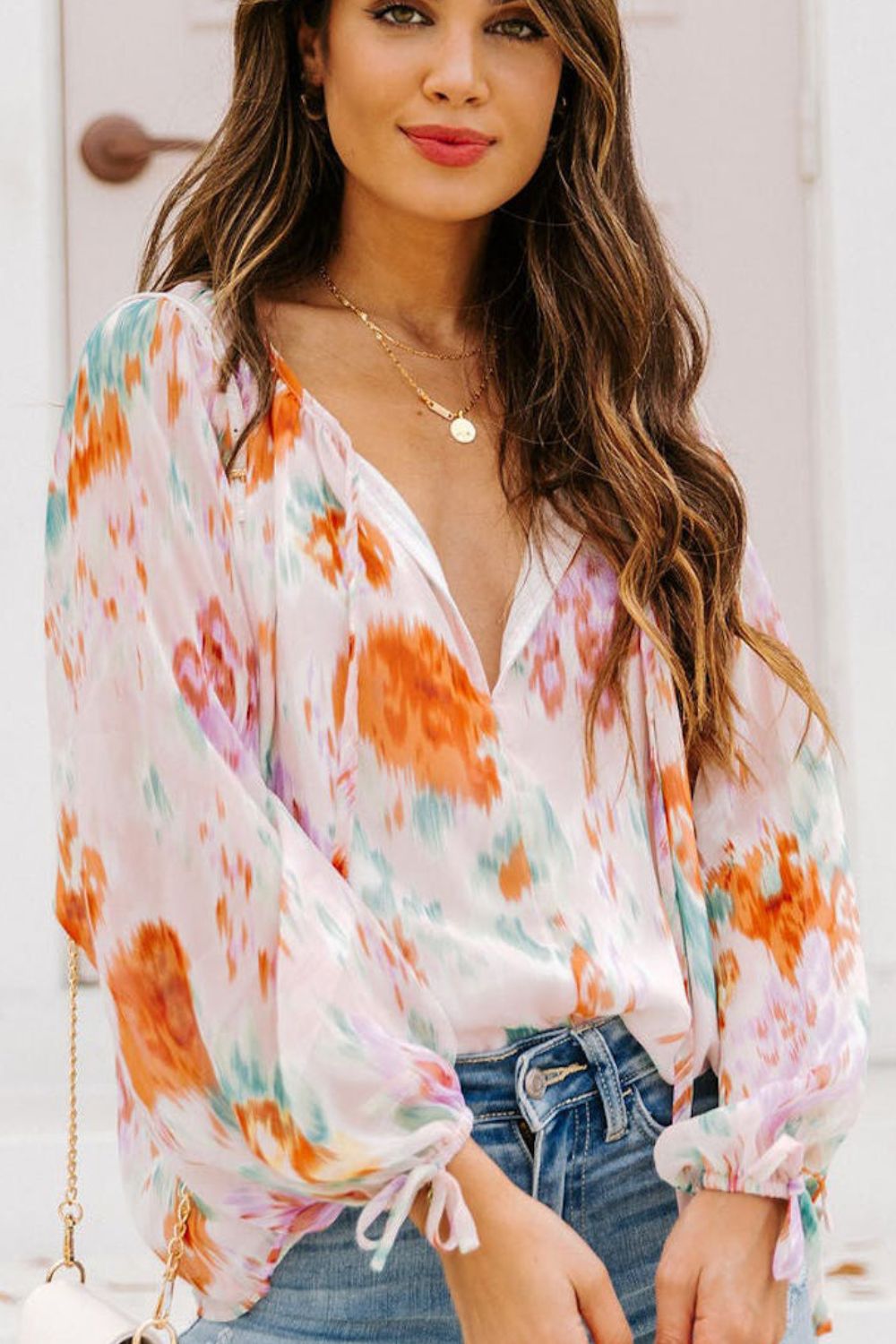 Printed Tie Neck Long Sleeve Blouse - Charming Charlie