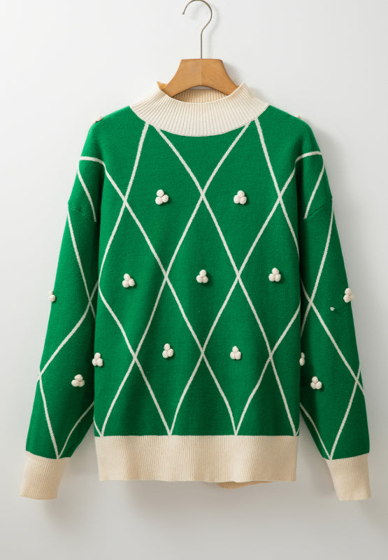 Diamond Pattern Contrast Trim Mock Neck Sweater - Charming Charlie