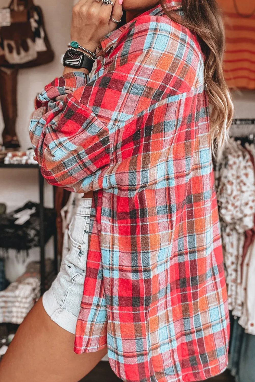 Plaid Collared Neck Long Sleeve Shirt - Charming Charlie