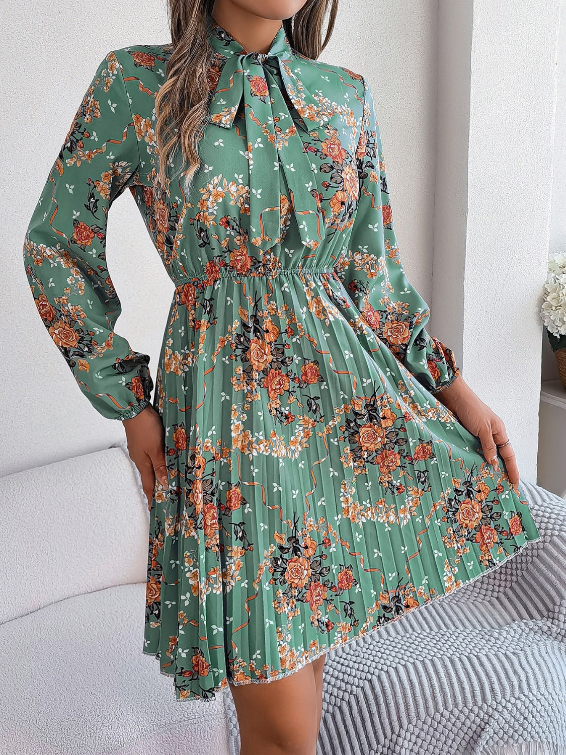 Pleated Printed Tie Neck Long Sleeve Dress - Charming Charlie