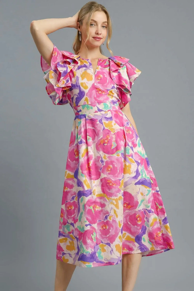 Umgee Full Size Johnny Collar Ruffle Cap Sleeve Tiered Dress Plus Size