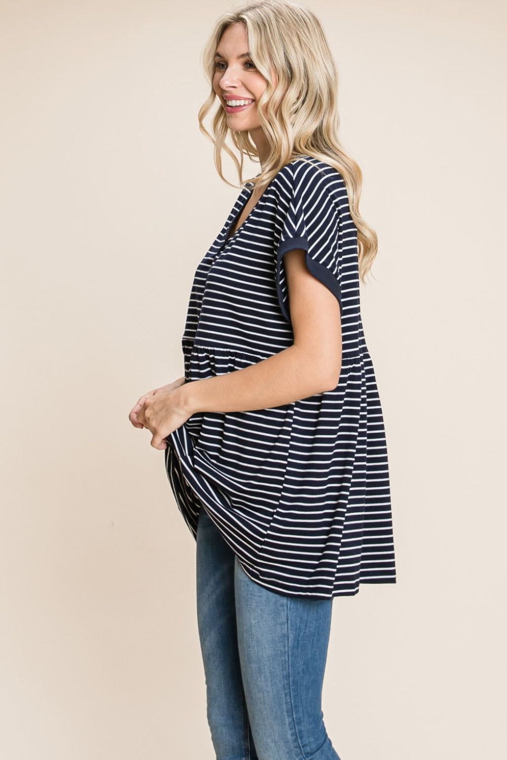 Cotton Bleu by Nu Label Striped Button Front Baby Doll Top - Charming Charlie
