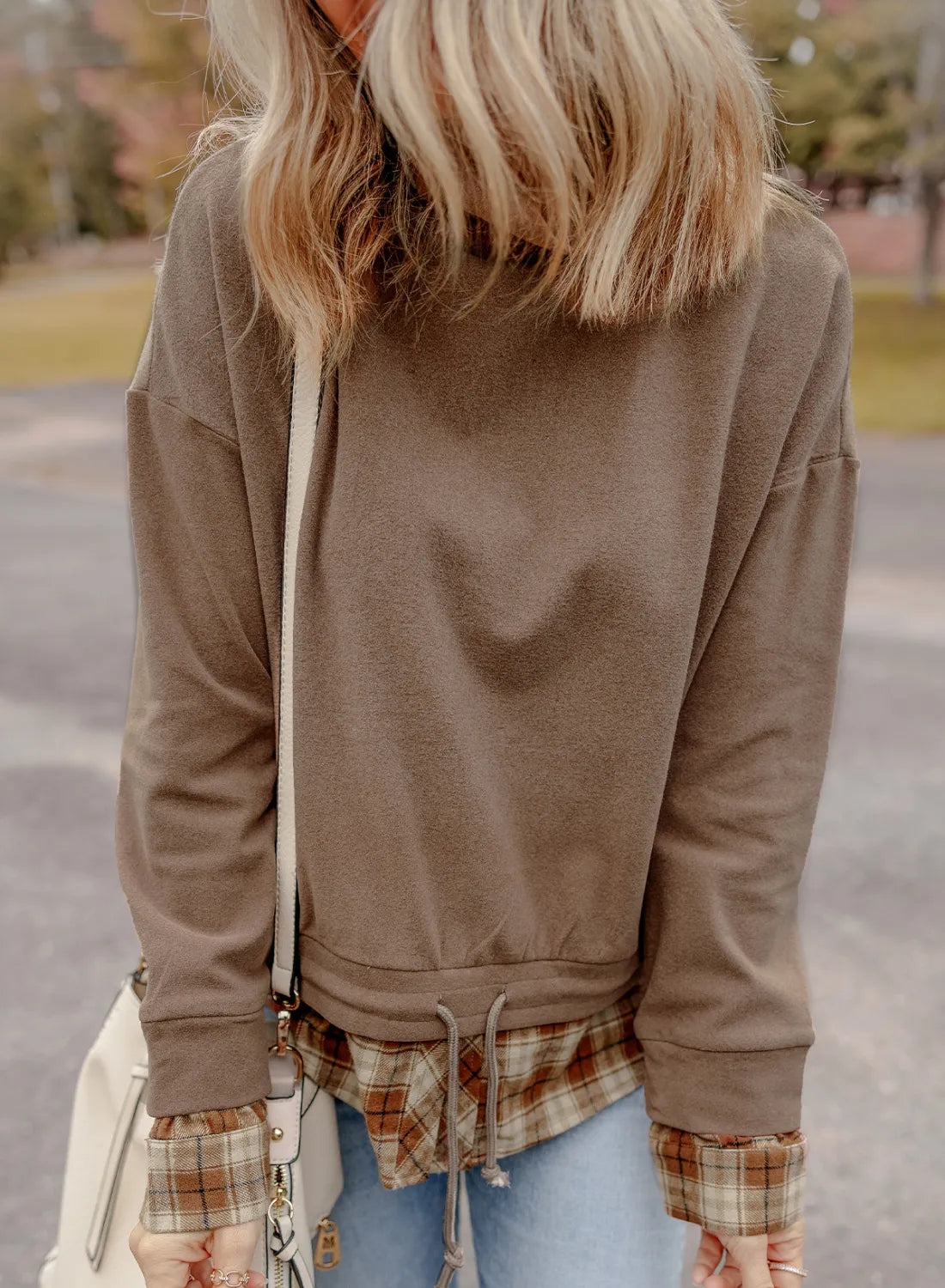 Drawstring Plaid Turtleneck Long Sleeve Top - Charming Charlie