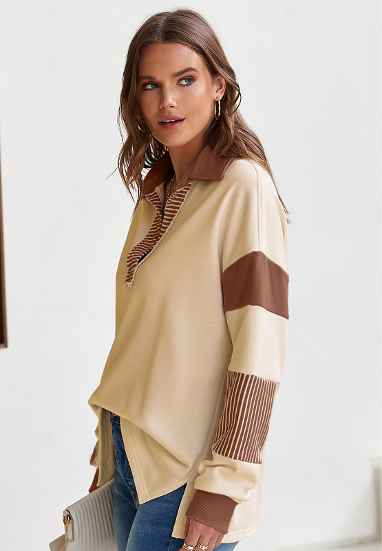 Color Block Johnny Collar Long Sleeve Sweatshirt - Charming Charlie