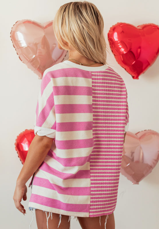 High-Low Striped Round Neck Short Sleeve T-Shirt - Charming Charlie