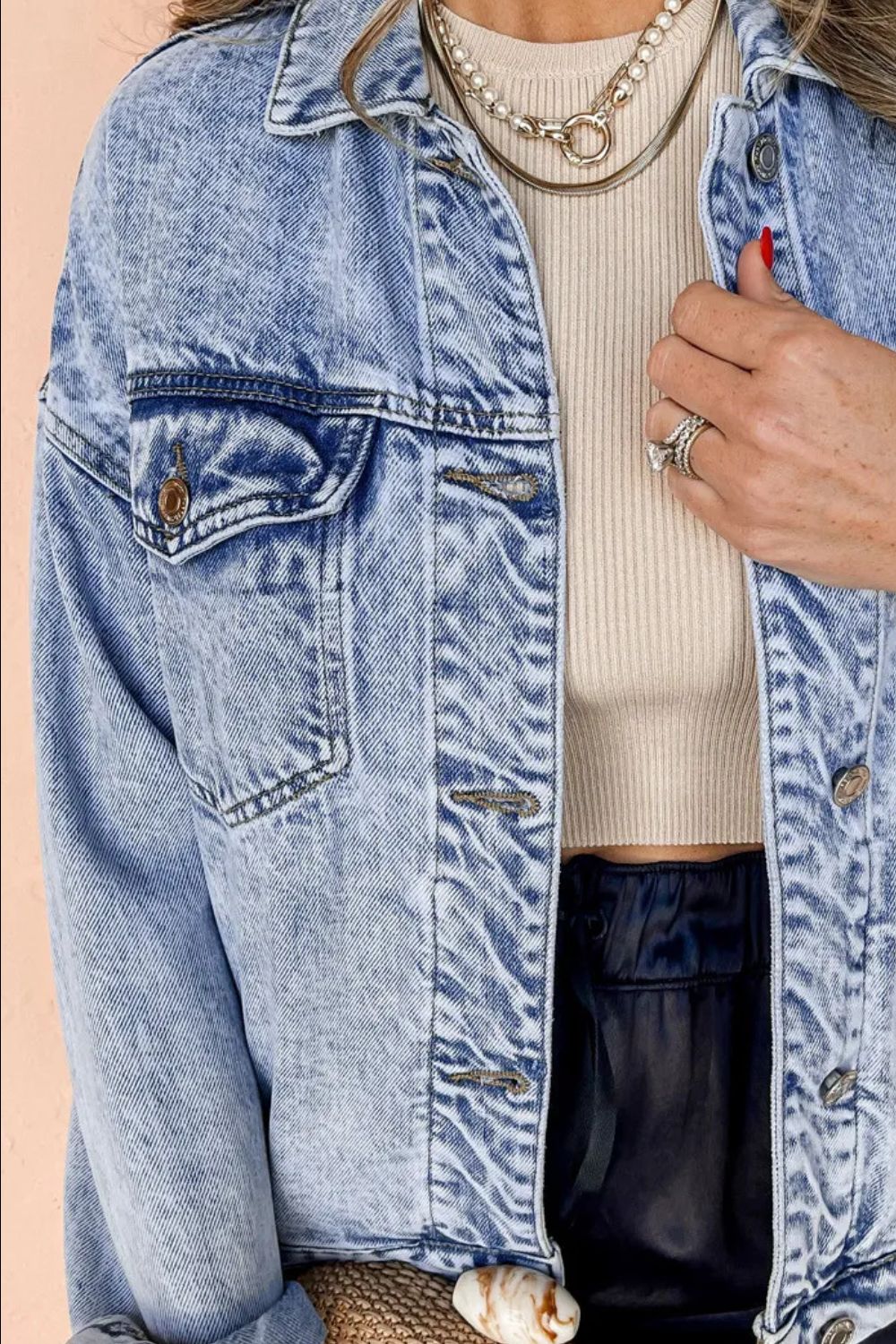 Pocketed Button Up Dropped Shoulder Denim Jacket - Charming Charlie